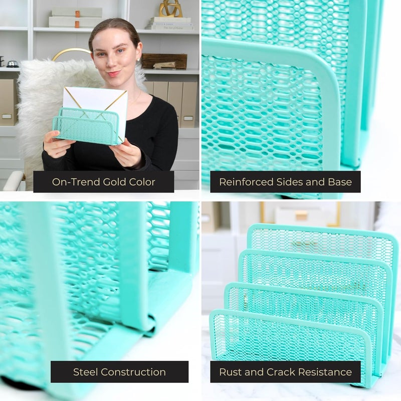 Blu Monaco Aqua Metal Mesh Letter Sorter for Desk| Modern Desk Organizer | Space-Saving Vertical Mail Holder | Office & Home Paper Organizer | Outgoing Mail Holder - Image 2